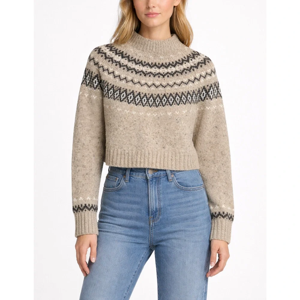 J.Crew Fair Isle Wide Mockneck Sweater Womens Small Beige Wool Blend Nordic Boho